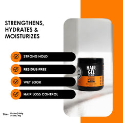 Rolda Power Styling Gel capilmax and keravis components illustrated for hair strength.