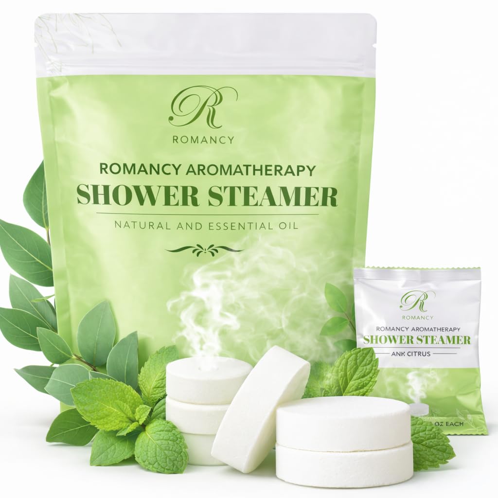 Romancy menthol shower steamer tablet on floor showing refreshing vapors for easier breathing