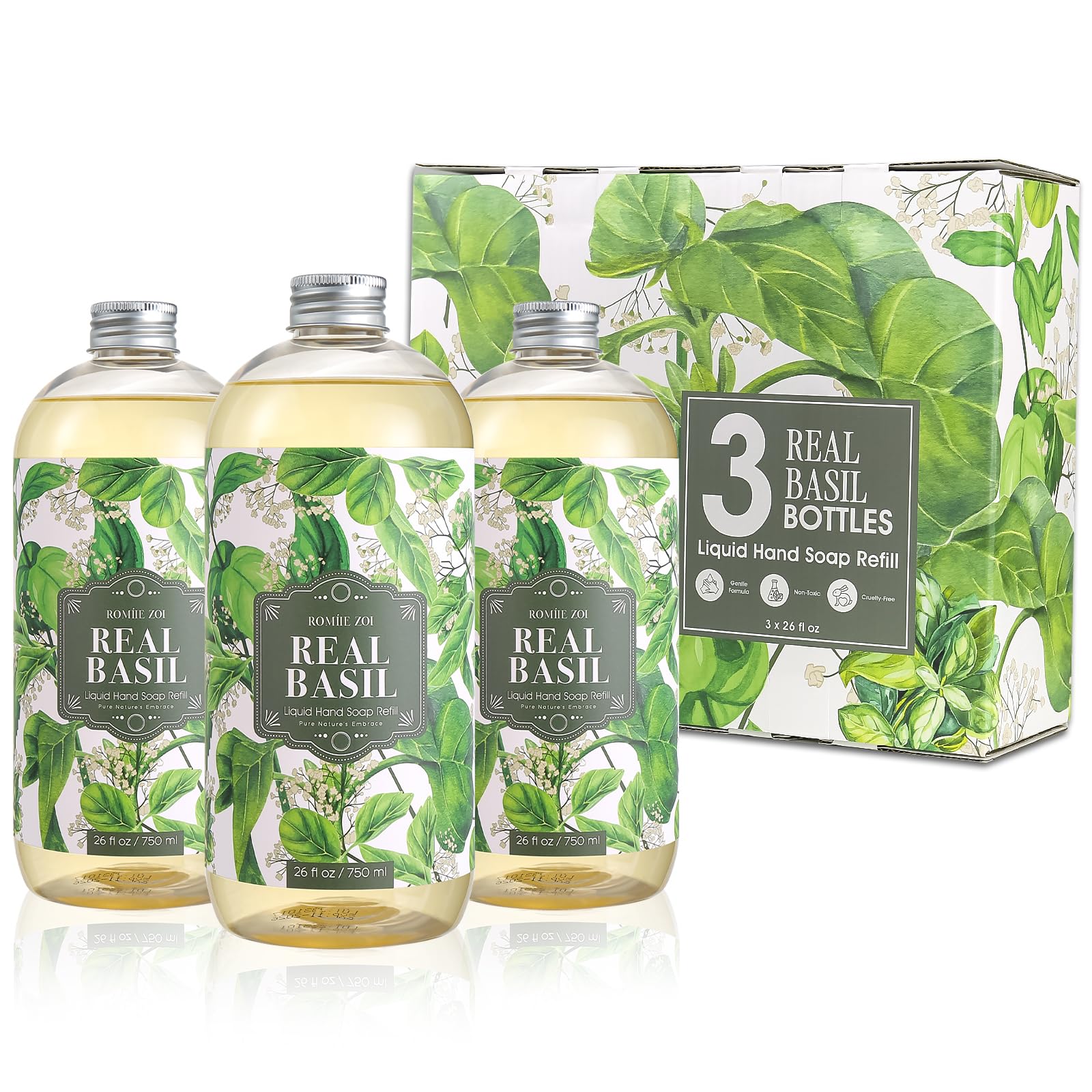ROMIIE ZOI Basil hand soap refill three-pack front view for kitchen and bathroom.