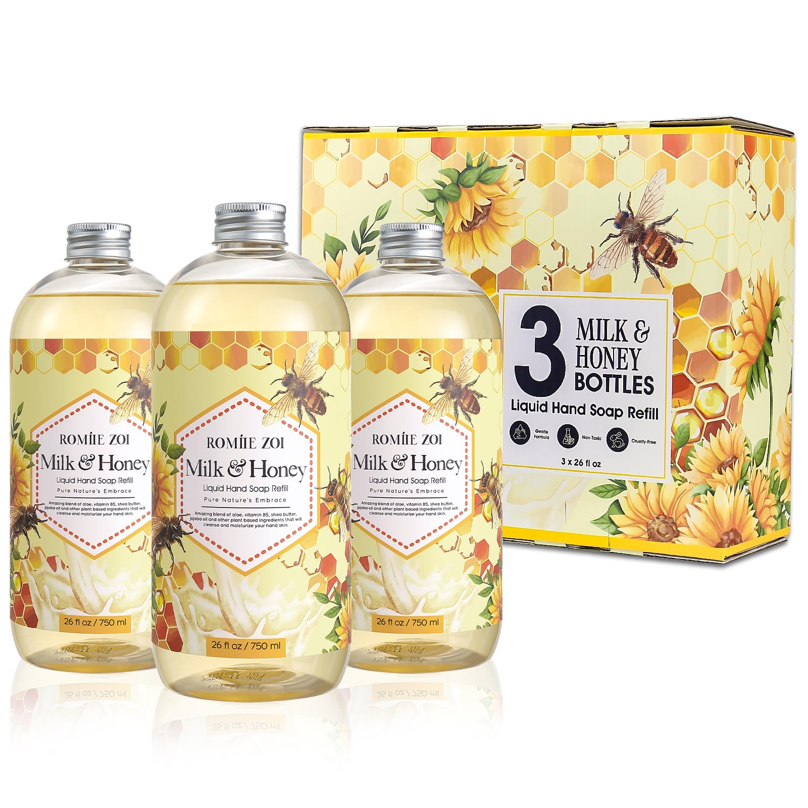 ROMIIE ZOI liquid hand soap refill 3-pack front view for bulk convenience in kitchens and bathrooms.