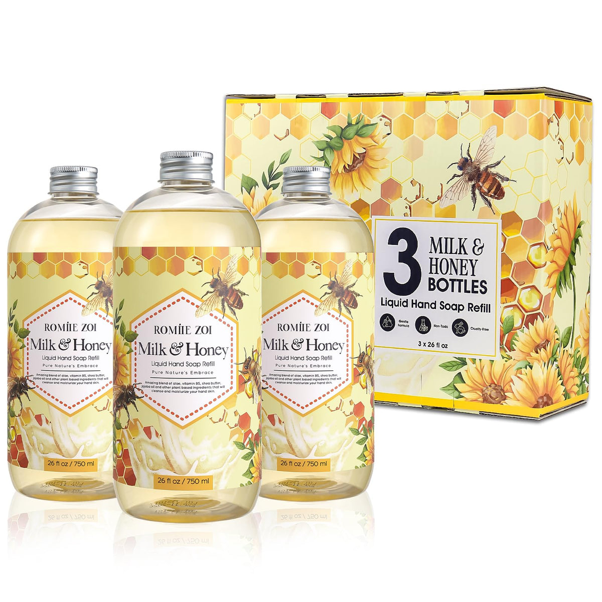 ROMIIE ZOI liquid hand soap refill 3-pack front view for bulk convenience in kitchens and bathrooms.
