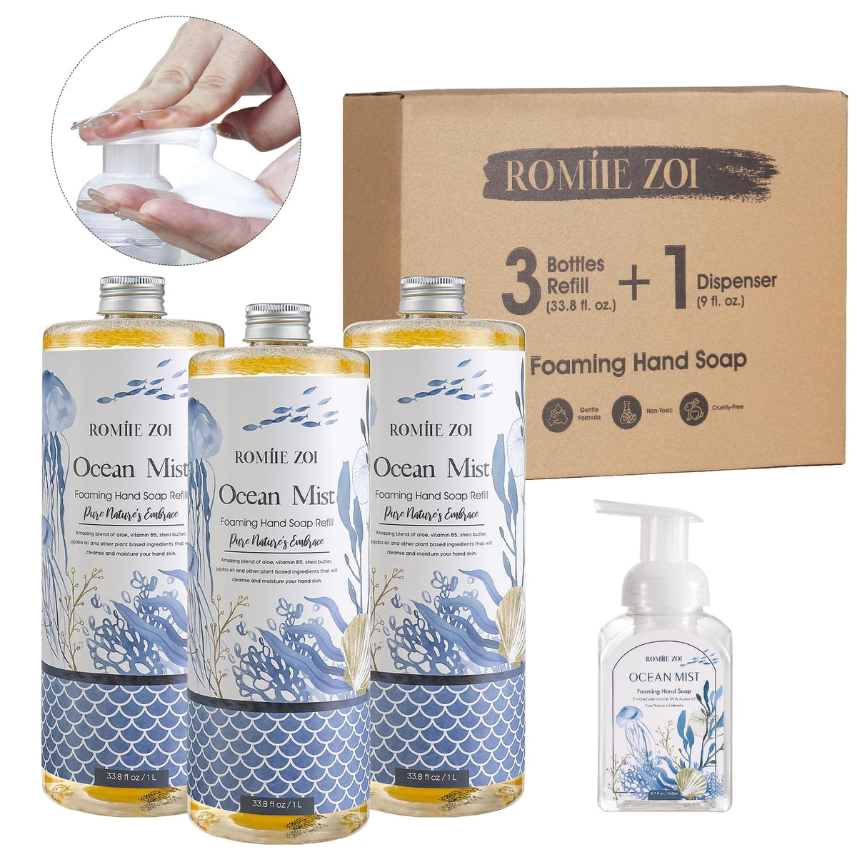 ROMIIE ZOI Ocean Mist foaming hand soap bottle for fresh kitchen and bathroom.