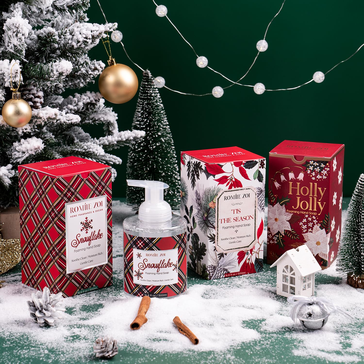 ROMIIE ZOI festive bottle beside sink enhances seasonal ambiance