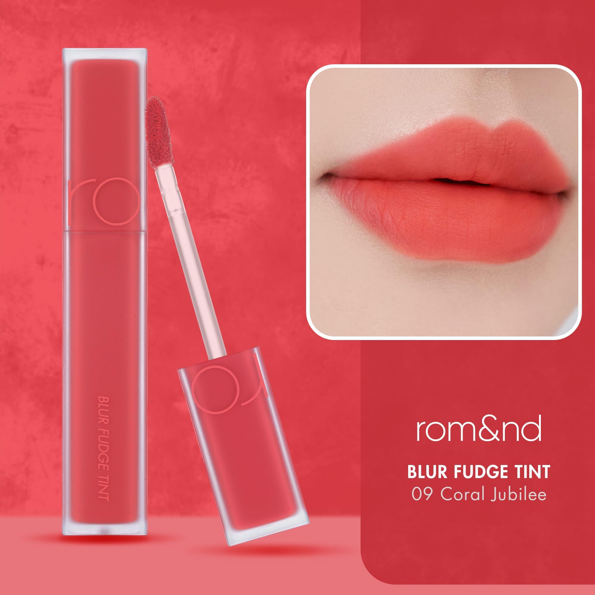 rom&nd Blur Fudge Tint Coral Jubilee arm swatch shows buildable color
