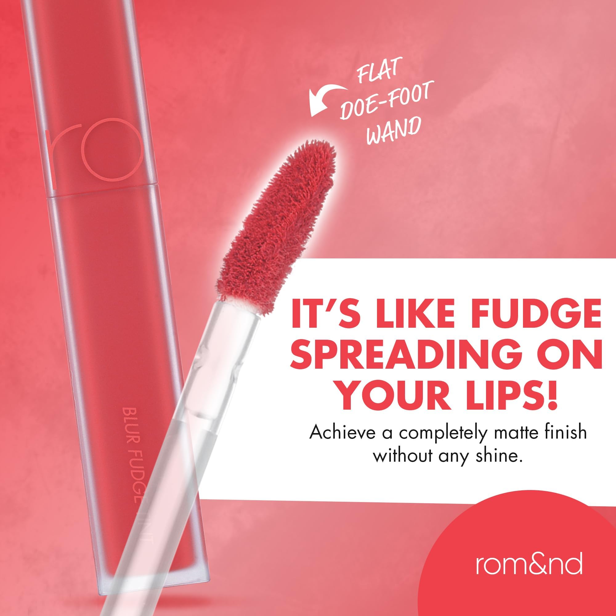 rom&nd Blur Fudge Tint Coral Jubilee texture glide indicates smooth application