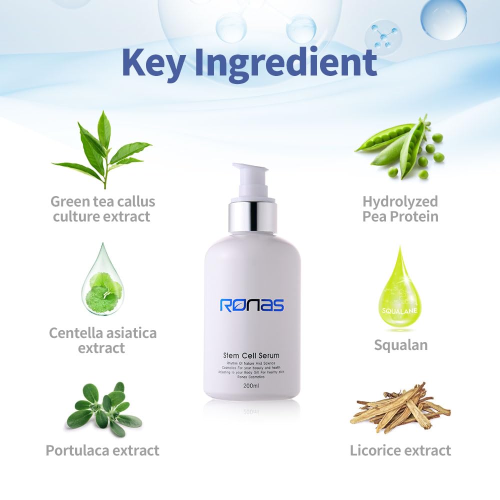 Ronas Stem Cell Serum packaging emphasizes the large 6.76 oz bottle