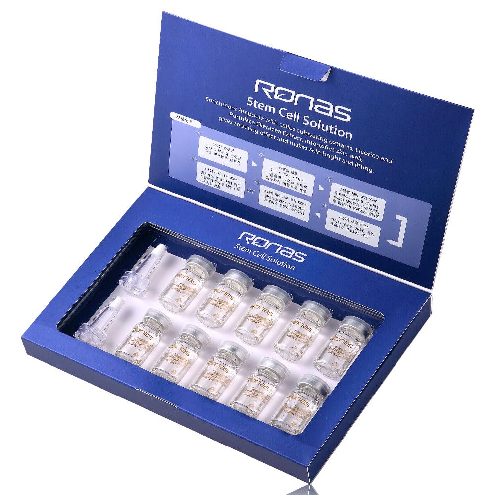Ronas Stem Cell Solution ampoules pack closeup highlights packaging details for travel-ready regimen