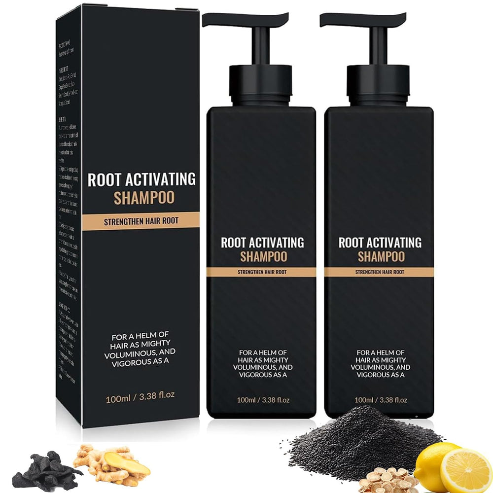 Root Activator Shampoo bottle front view highlighting a natural formula for hair vitality.