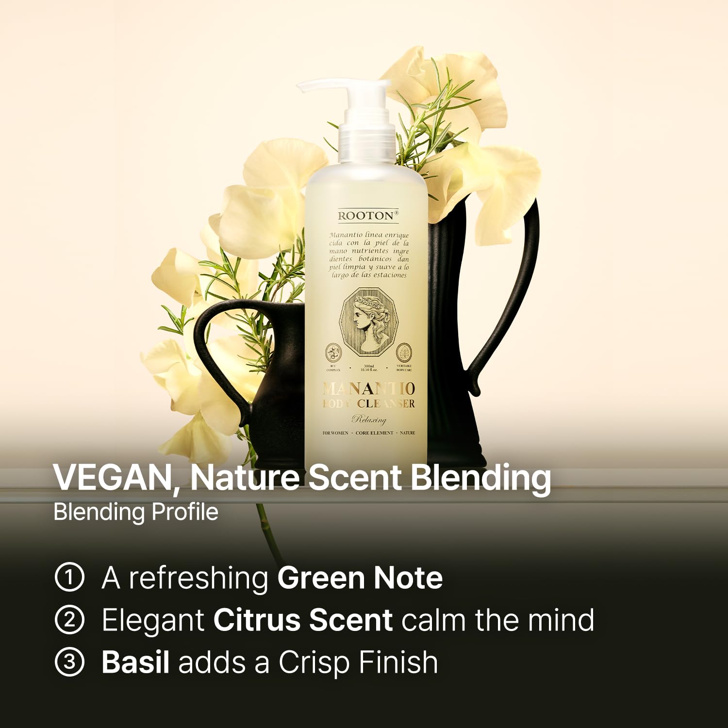 ROOTON Manantio vegan-formula graphic underscores plant-based cleanse benefits