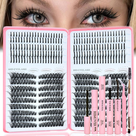 Rootoo Lash Clusters Kit with spikes showing dense 60D+80D left-right lashes for volume.