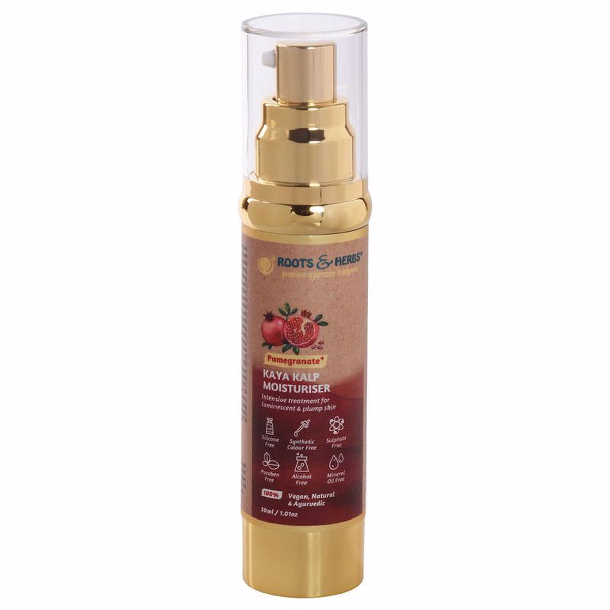 ROOTS AND HERBS Ayurvedic moisturizer bottle front highlights pomegranate glow for dry skin