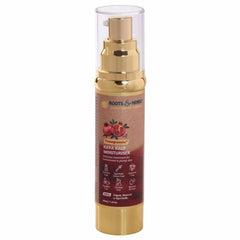 ROOTS AND HERBS Ayurvedic moisturizer bottle front highlights pomegranate glow for dry skin