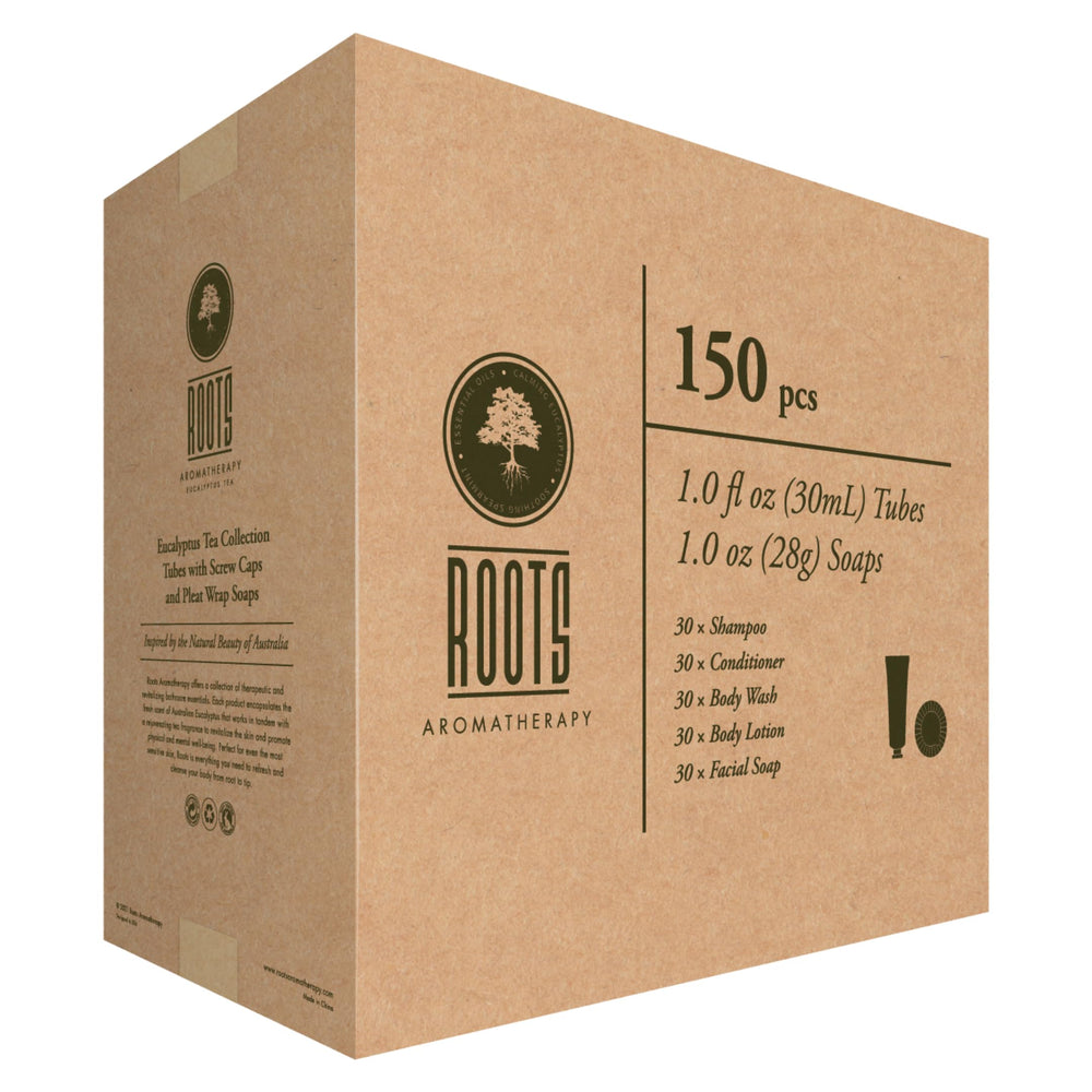 Roots Aromatherapy recyclable packaging highlights eco-friendly bulk toiletries