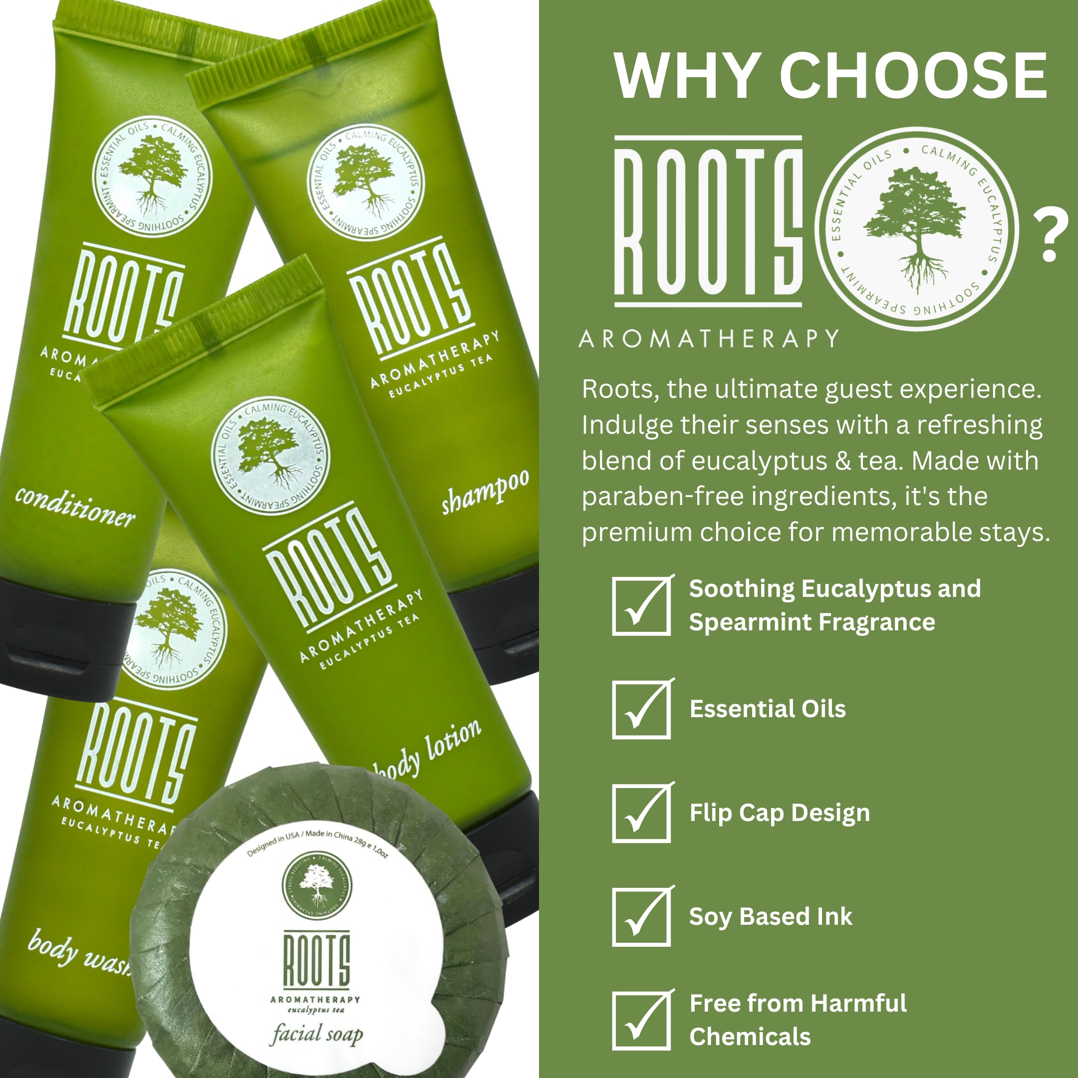 Roots Aromatherapy travel body lotion tube in guest bathrooms