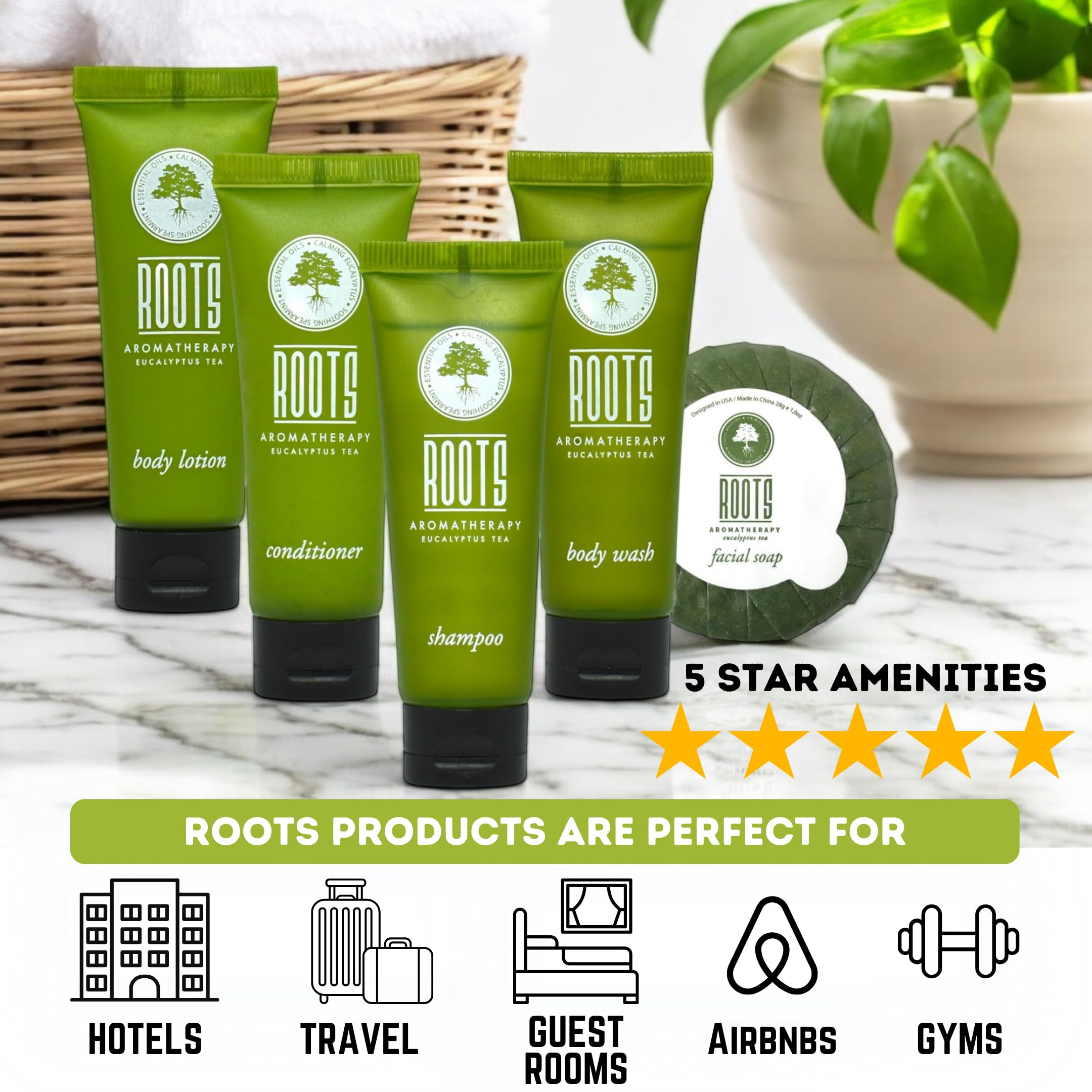 Roots Aromatherapy travel body wash bottle for hotel stays