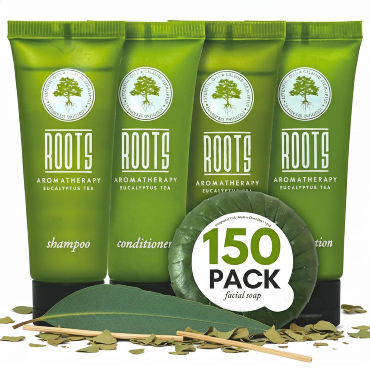 Roots Aromatherapy travel shampoo bottle with eucalyptus tea scent for guest rooms