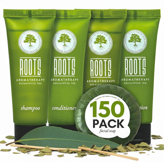 Roots Aromatherapy travel shampoo bottle with eucalyptus tea scent for guest rooms
