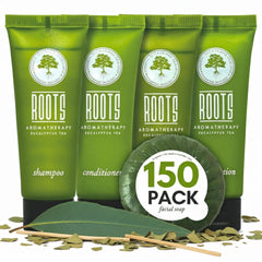 Roots Aromatherapy travel shampoo bottle with eucalyptus tea scent for guest rooms