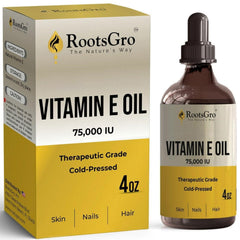 RootsGro Vitamin E Oil bottle closeup showing premium packaging.