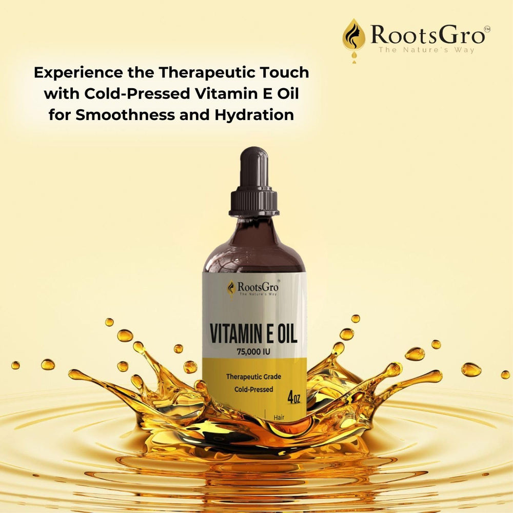 RootsGro Vitamin E Oil used as part of hair care for scalp hydration.