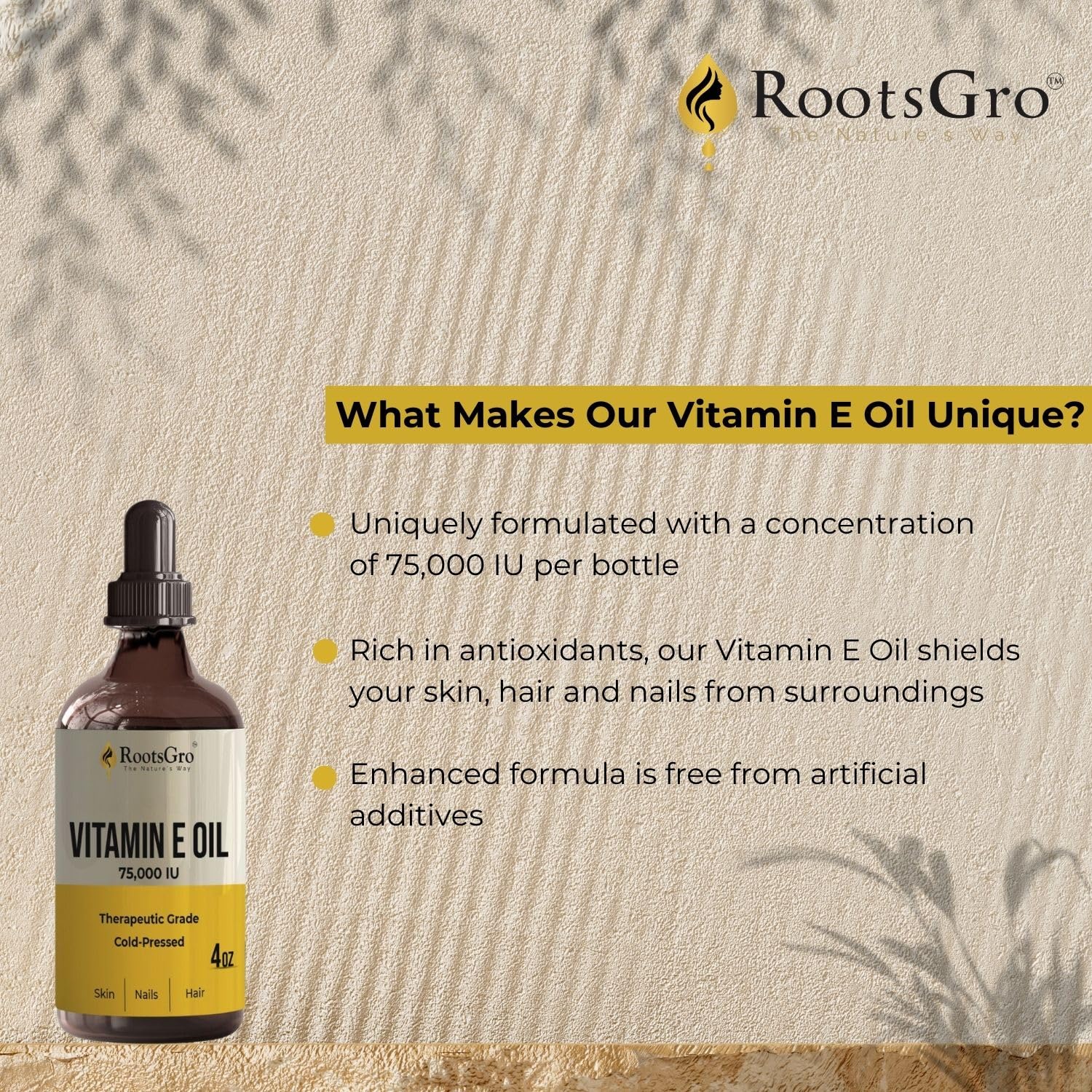 RootsGro Vitamin E Oil spreads smoothly for quick, non-greasy absorption.