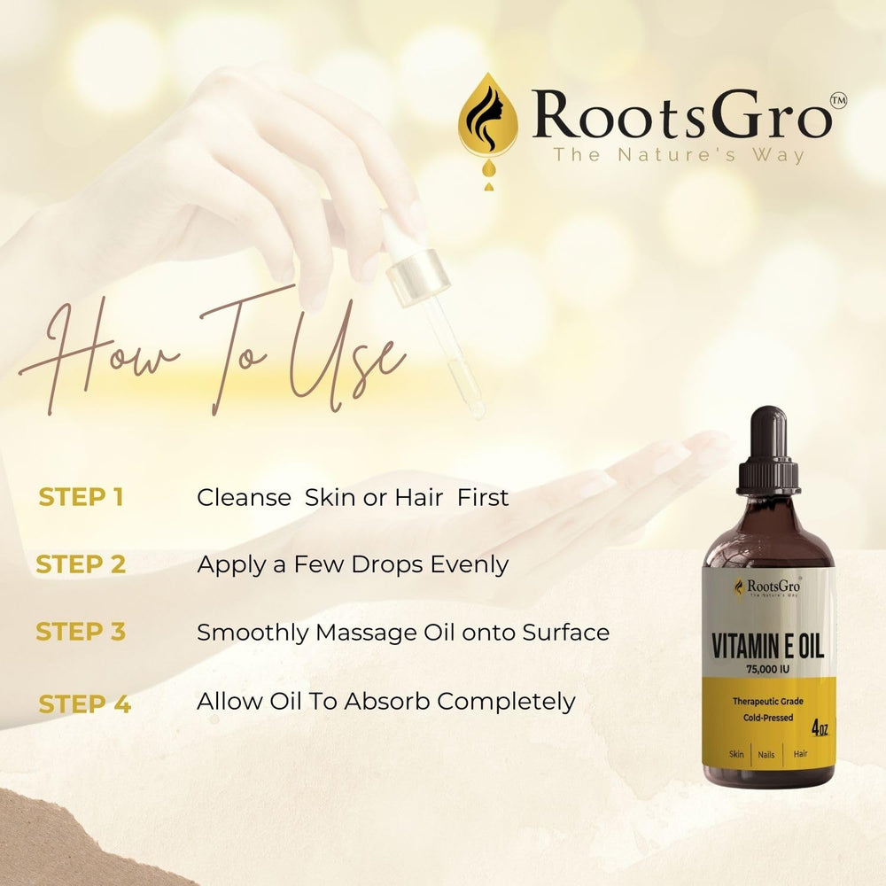 RootsGro Vitamin E Oil travel-size bottle for home and on-the-go.