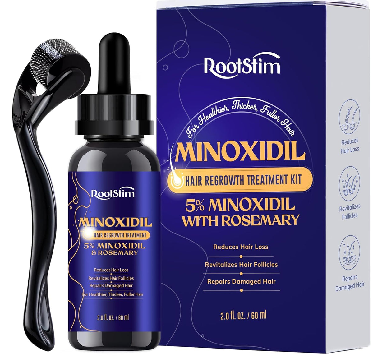 RootStim 5% Minoxidil spray bottle supports visible regrowth on thinning areas.