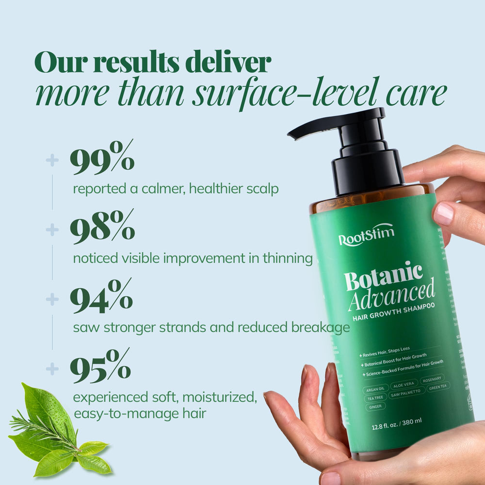 RootStim bottle in hand showing application for scalp massage.