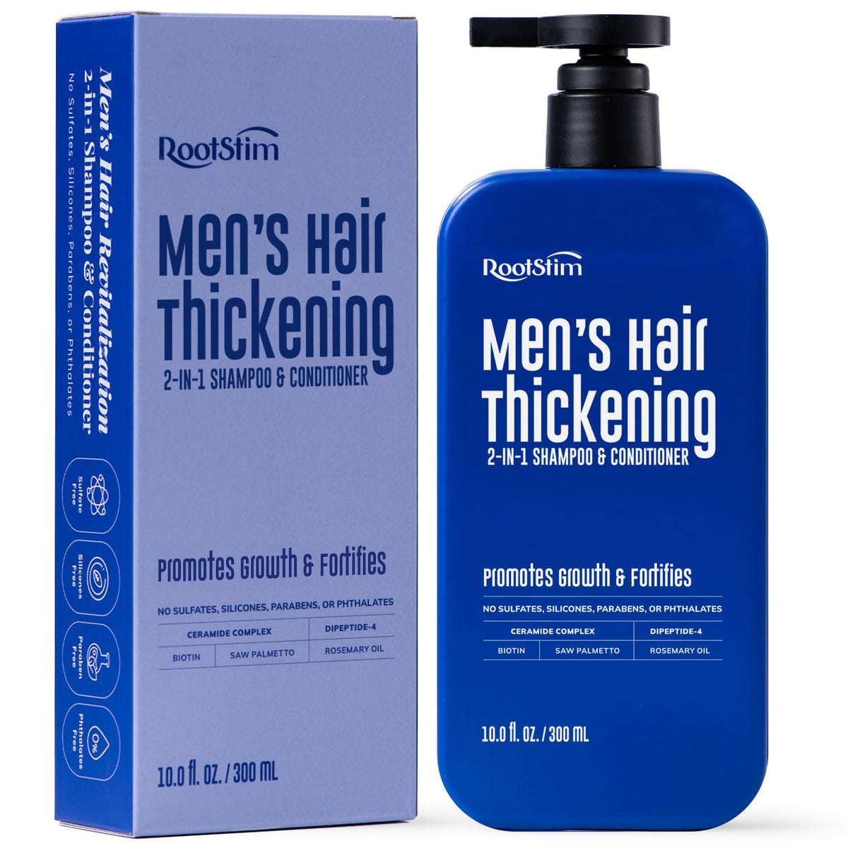 RootStim DHT Blocking Shampoo bottle on a bathroom shelf for daily scalp care and fuller hair.