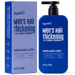 RootStim DHT Blocking Shampoo bottle on a bathroom shelf for daily scalp care and fuller hair.