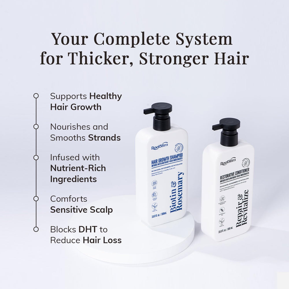 RootStim Hair Growth Conditioner bottle provides smoothing and volume for thicker-feeling hair