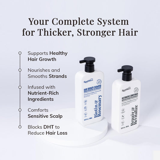 RootStim Hair Growth Conditioner bottle provides smoothing and volume for thicker-feeling hair
