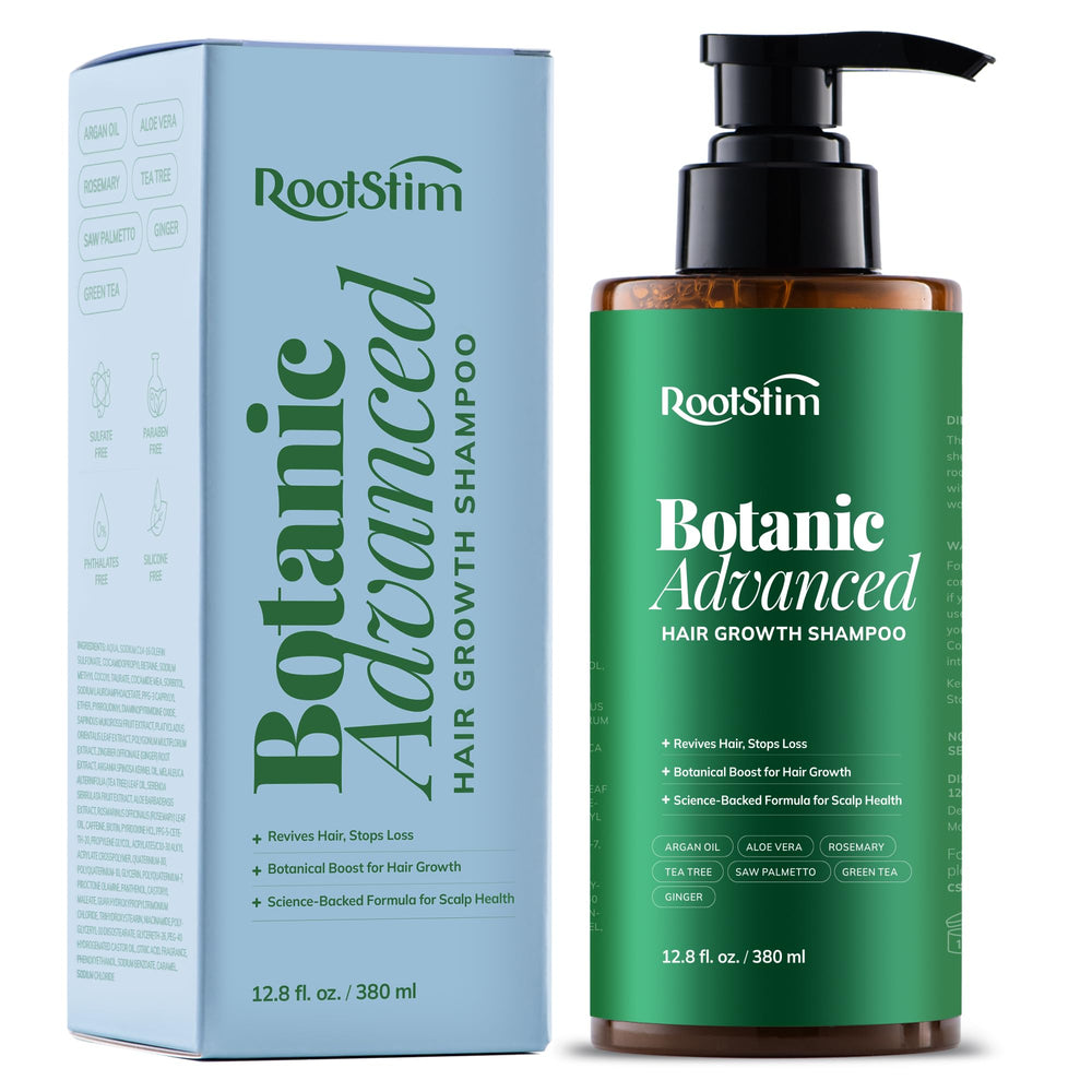 RootStim shampoo bottle with rosemary for scalp care.