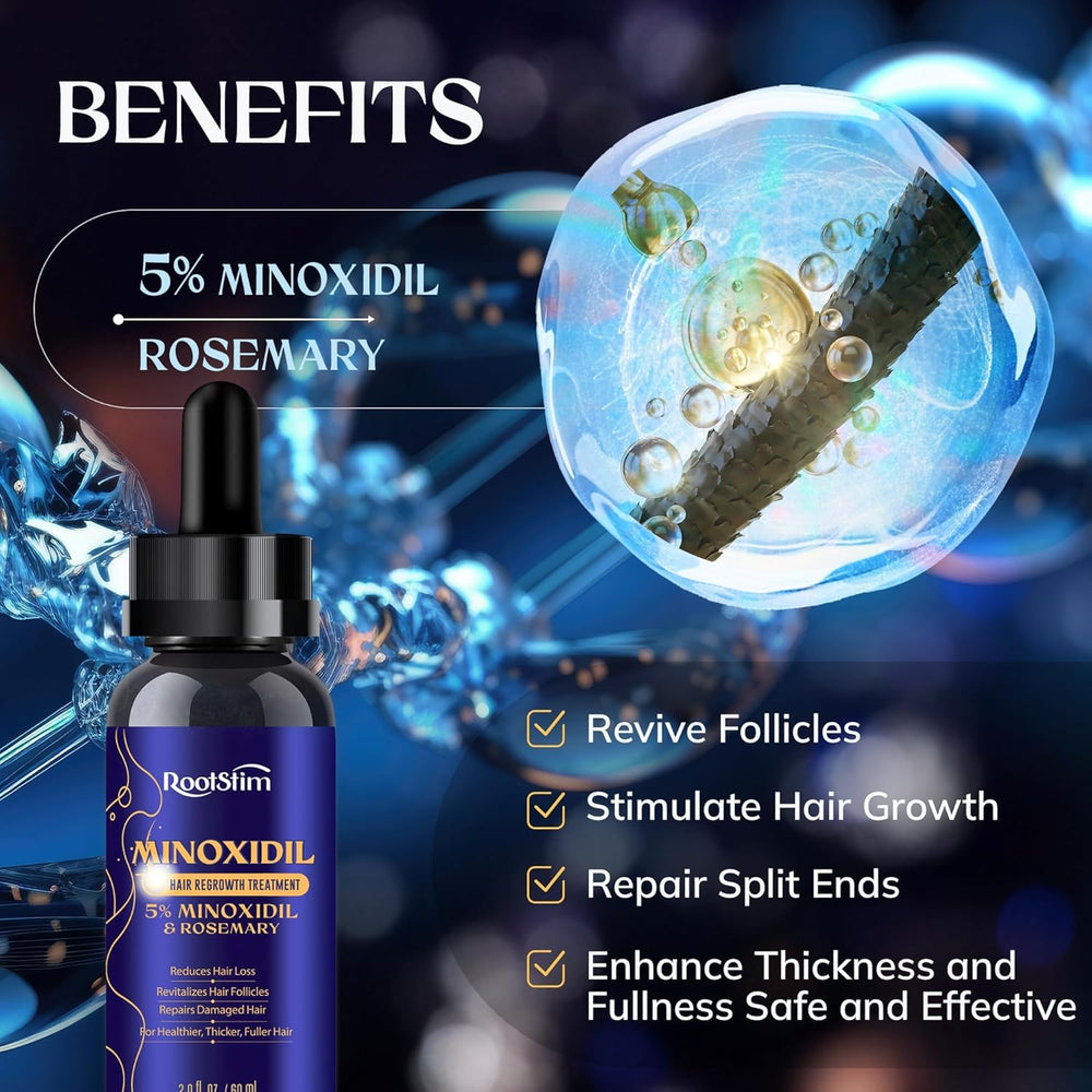 RootStim minoxidil rosemary label close-up highlighting rosemary formula for stronger-looking hair.