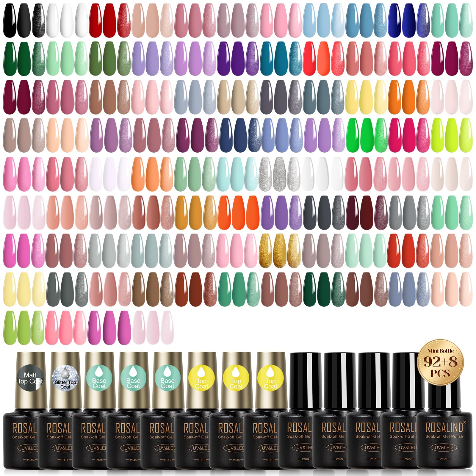 ROSALIND 92-color gel nail polish bottles show a vibrant shade range for all seasons.