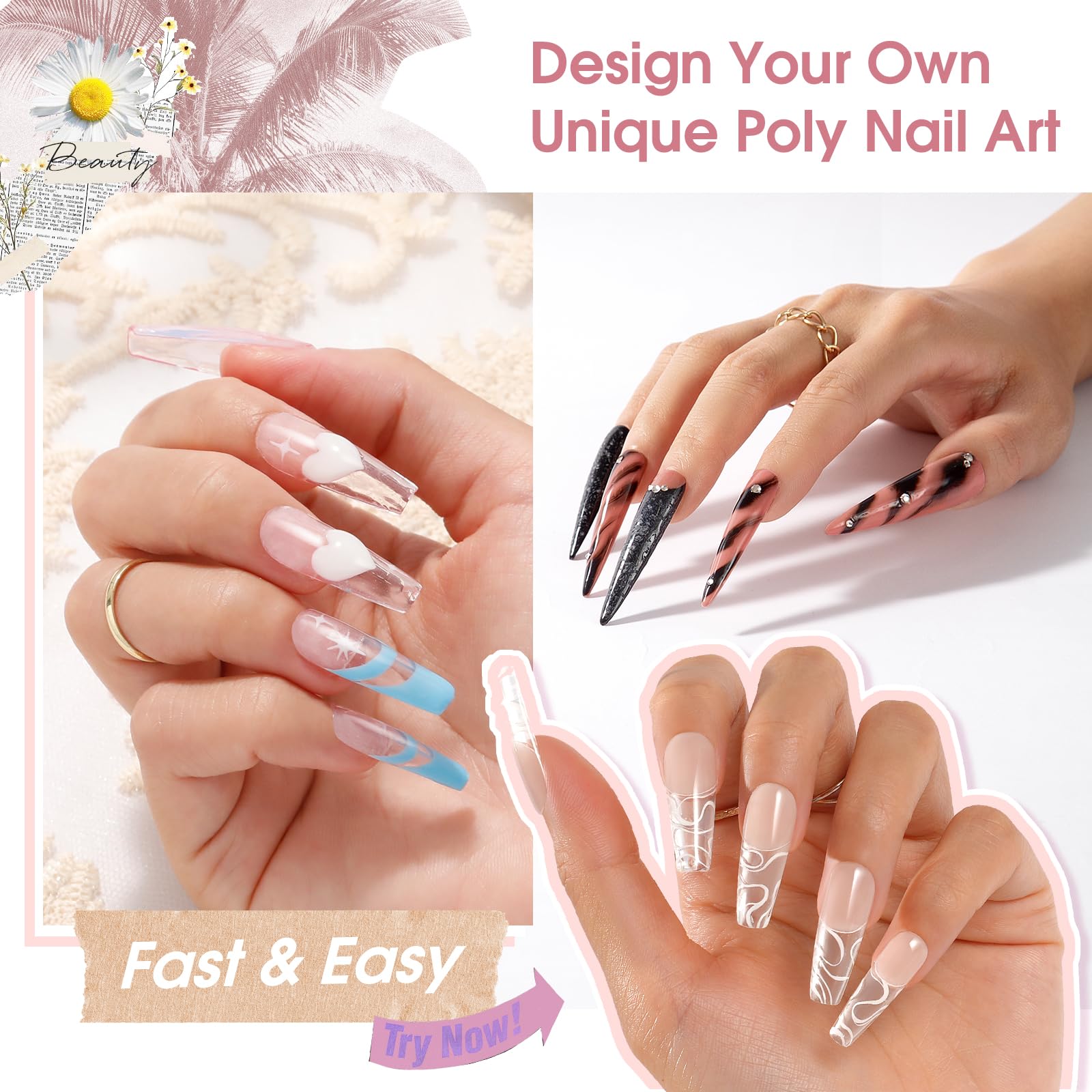 ROSALIND dry flower nail art with clear gel base