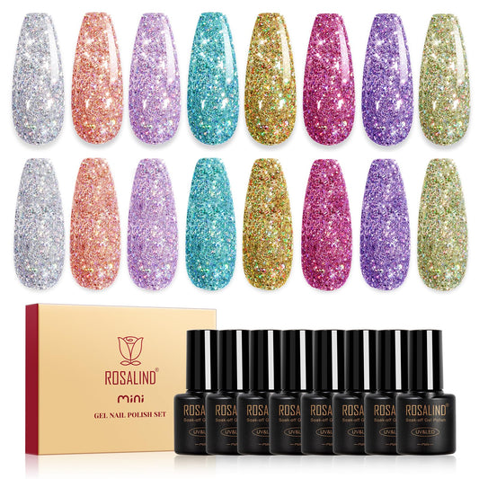 ROSALIND Glitter Gel Polish eight-color collection bottle display with radiant diamond sparkle.