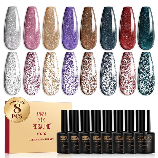 ROSALIND Glitter Gel Polish bottle close-up showing reflective shine for stylish nails.