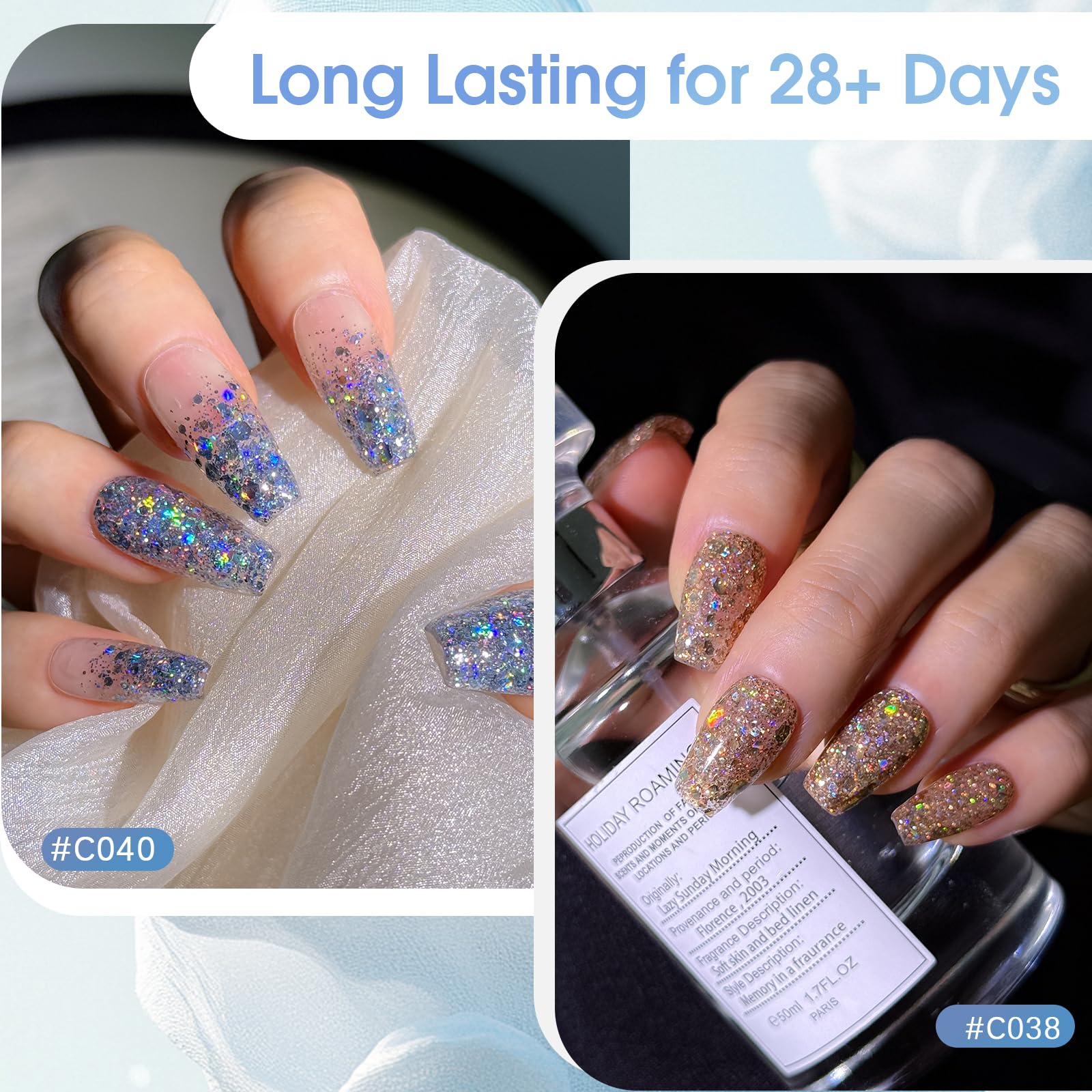 ROSALIND Glitter Sequins Gel Polish packaging highlights travel-friendly 5ml bottles