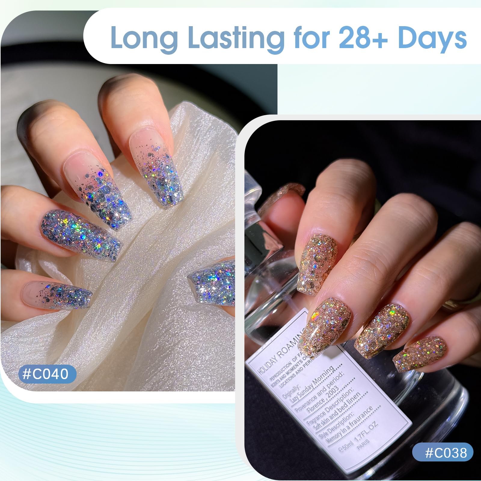 Rosalind Glitter Sequins Gel Polish top coat creates glossy finish and protection