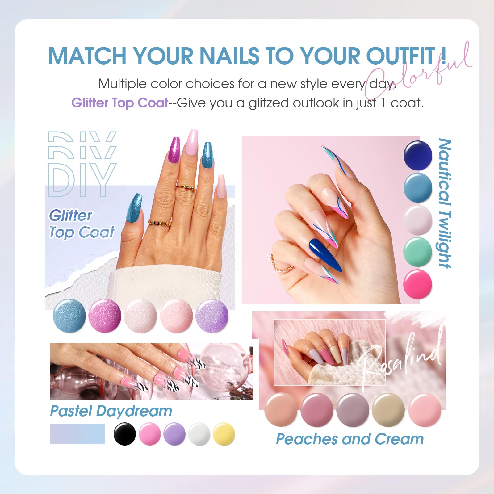 ROSALIND glitter top coat adds sparkle over color gels for flair.