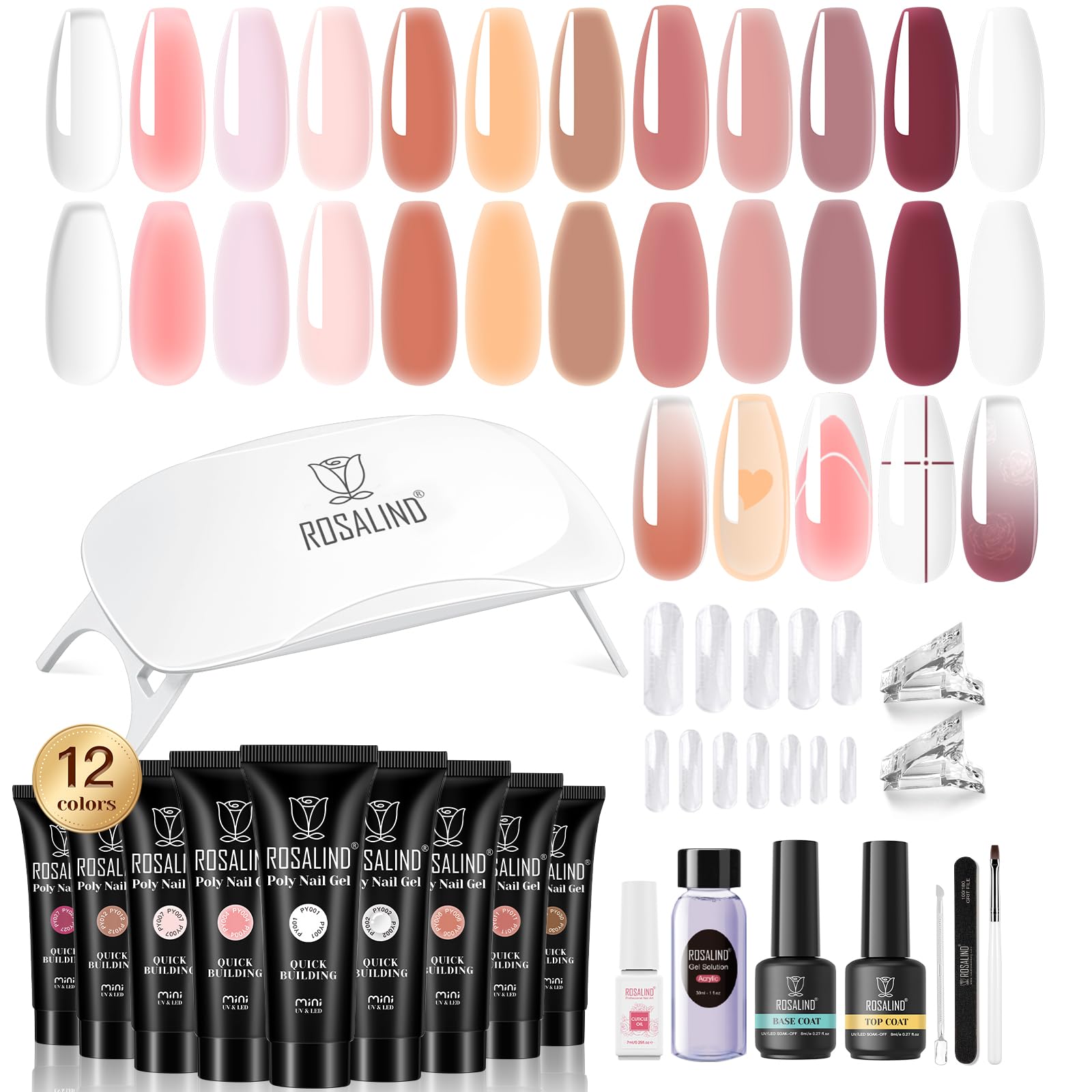 ROSALIND pink poly nail gel kit 12 colors for versatile at-home nail art.
