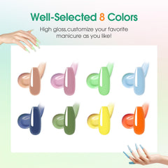 ROSALIND poly nail gel colors kit displaying eight vibrant hues for nail art.