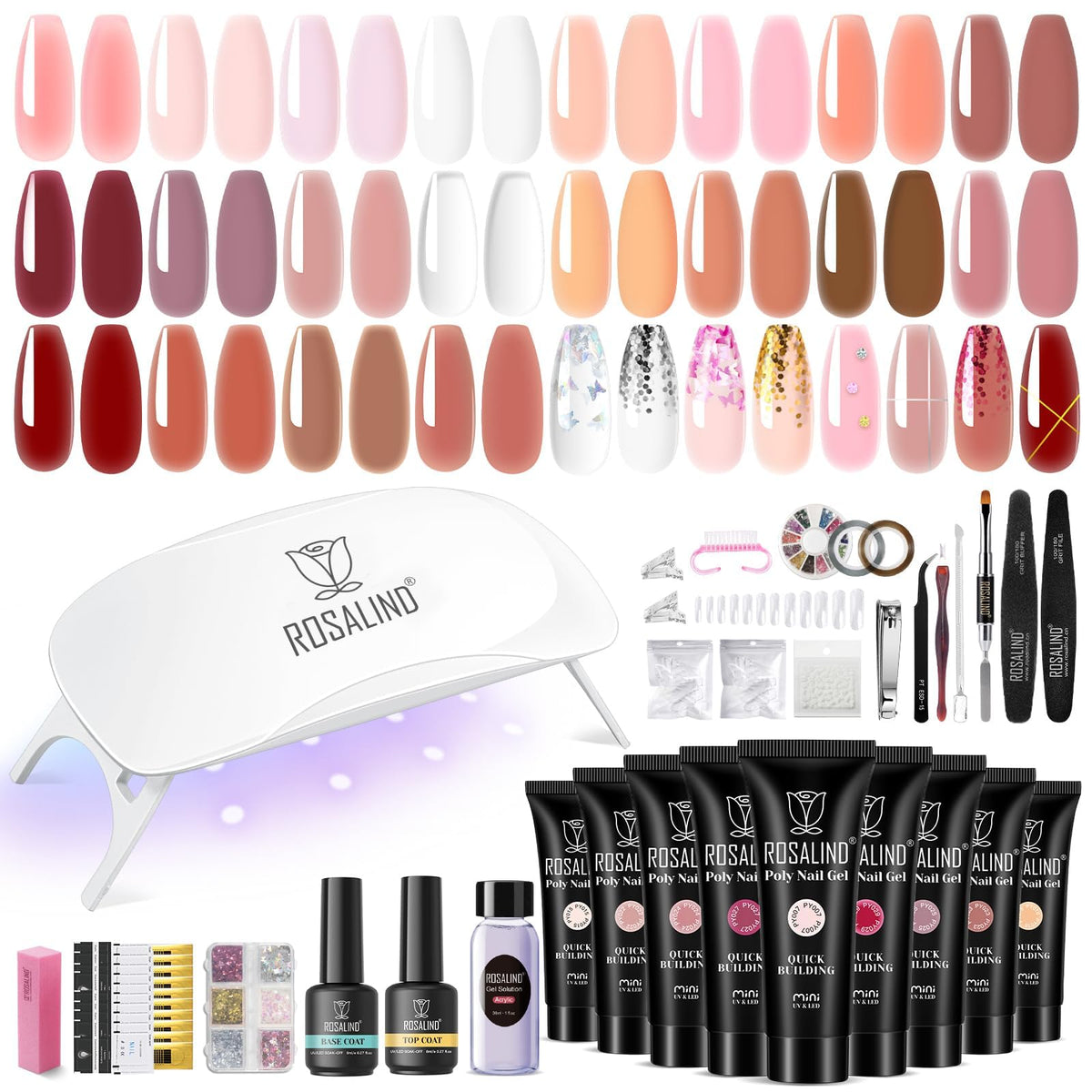 ROSALIND poly nail gel kit color swatches for versatile at-home manicures.