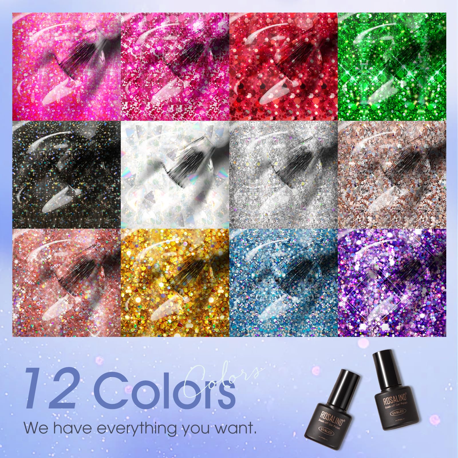 ROSALIND UV-curing steps shown with base coat for smooth glitter application.