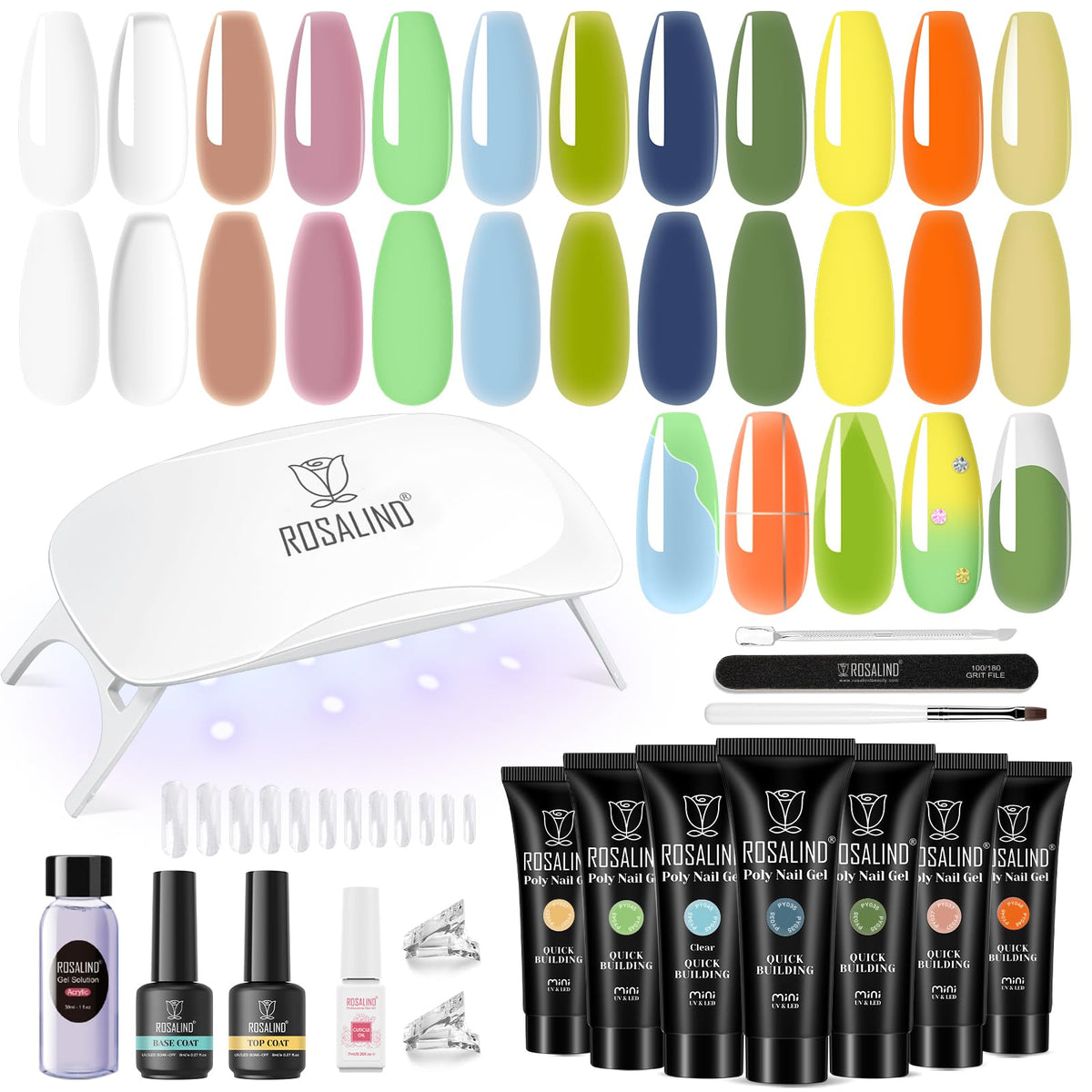ROSALIND Yellow-Green poly gel kit with 12 colors for versatile at-home manicures.