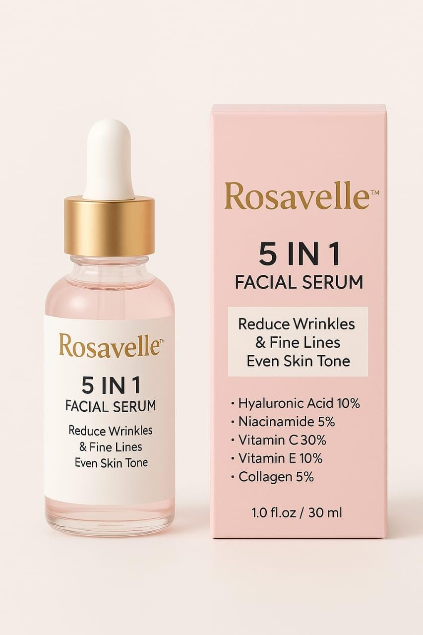 Rosavelle facial serum bottle pour showing lightweight hydration benefits