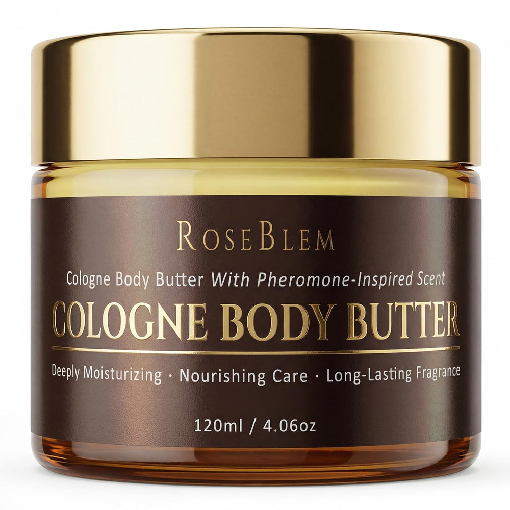 Roseblem Cologne-Inspired body butter for men jar closeup showing creamy texture and branding
