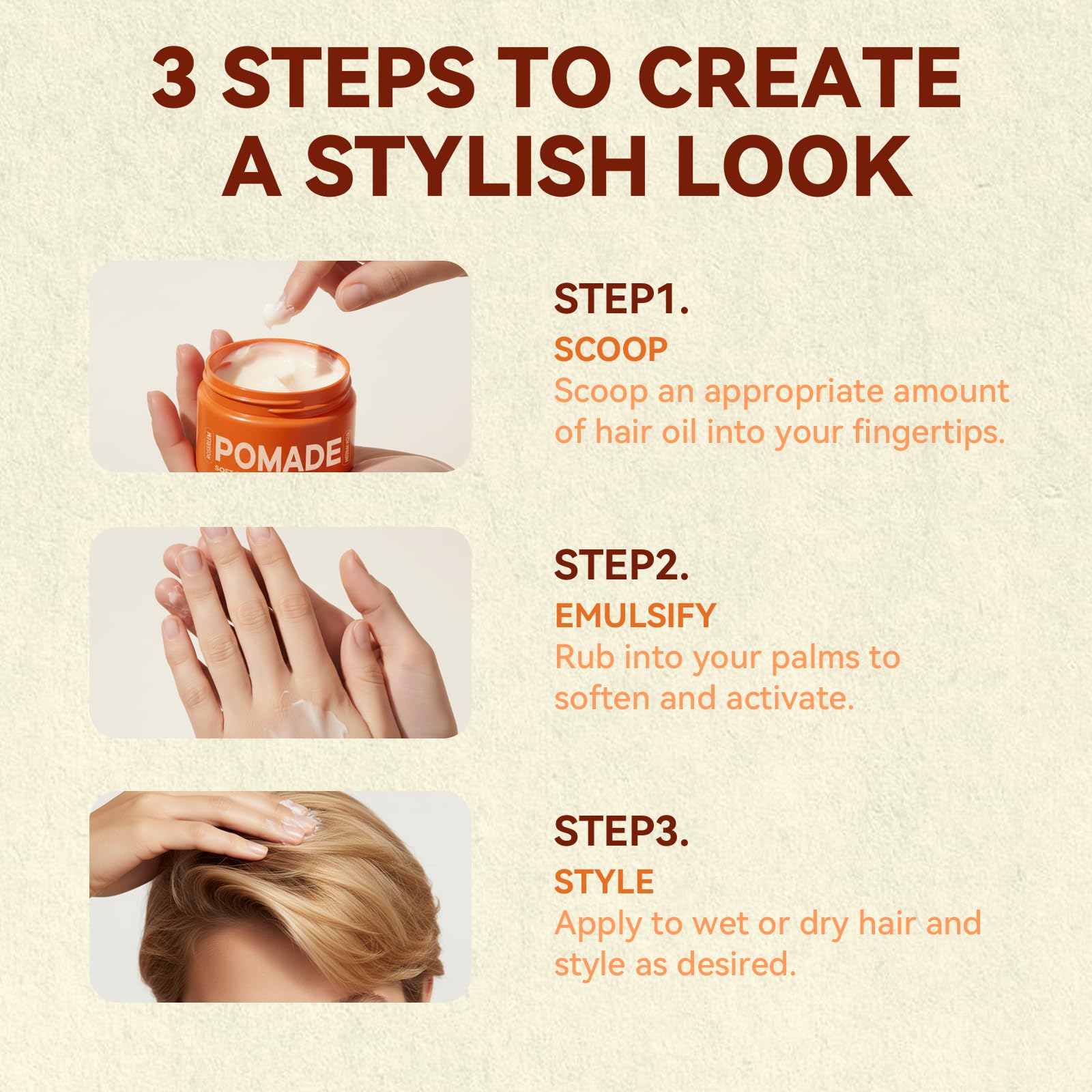 Roseblem product applied evenly to dry hair for natural hold.