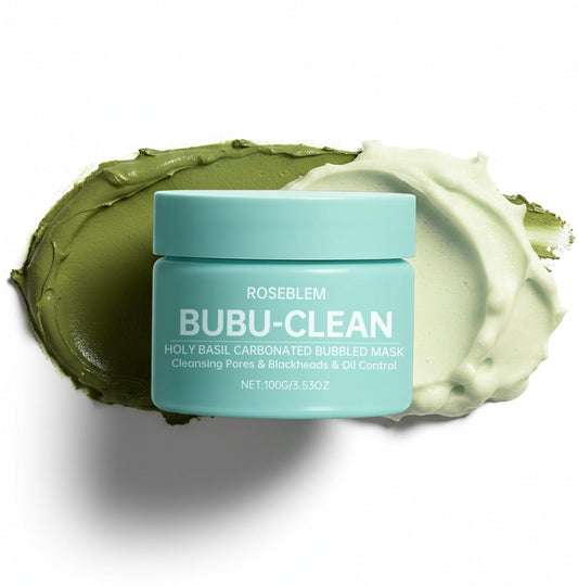 Roseblem Holy Basil Bubble Mask jar close-up showing creamy texture for spa-like cleansing
